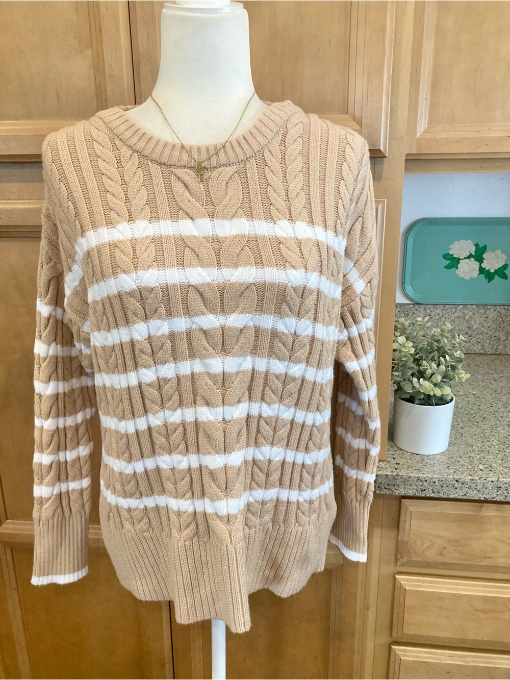 Philosophy Cable Knit Crewneck Sweater in Cream and White Stripes Fit up to M
